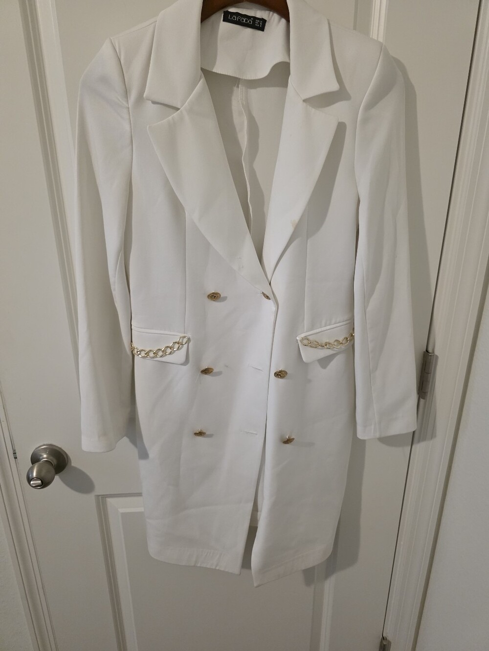 La Faba White Double-Breasted Chain Pocket Blazer Dress